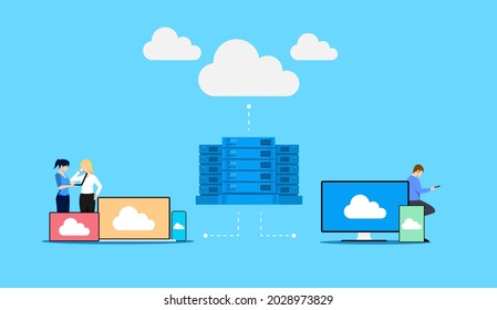 Arbeitskräfte an verschiedenen Orten mit Kommunikationsgeräten und Servern mit Cloud-System