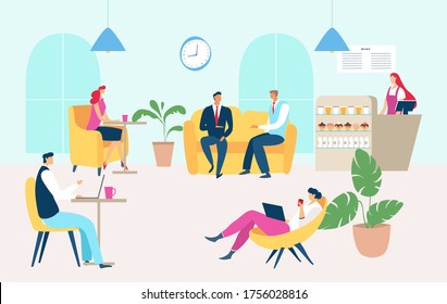 Working people dining time in company cafe, vector illustration. Cafeteria for employees, man woman people relax at couch and armchair with laptop and coffee. Break time, counter with snack.