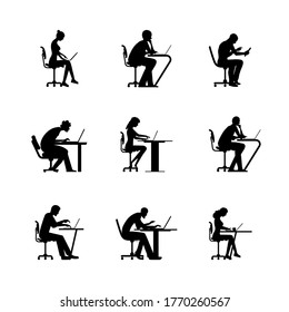 Working people icon collection. Men and women are sitting and working on desk. Silhouette people illustration set.