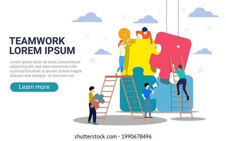 Working people with ladders and large jigsaw pieces, Teamwork concept