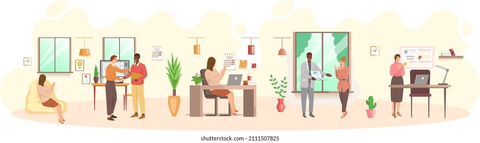 Working people. Office staff, work and communication. Head and subordinates. Various workers, managers team. Business employees on workspace. Office workers. Co-workers. Colleagues project teamwork
