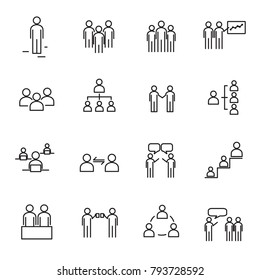 Working people and Organization thin line icon set vector. Sign and symbol concept. Lifestyle in office theme. White isolated background. Illustration vector.