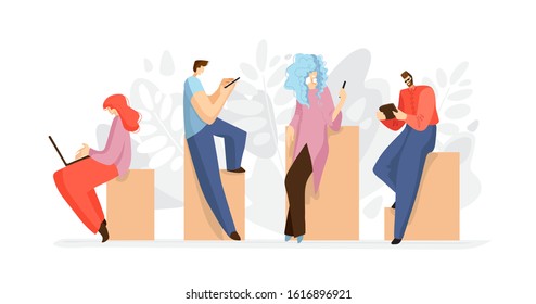 Working people with tablet, smartphone, laptop, notebook. Online working concept, online job. People searching internet flat vector illustration isolated on white. Working people, flat illustration