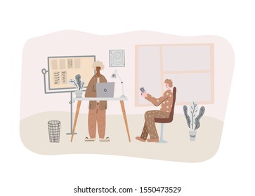 Working people. Two men discussing corporate project. Employees coworking space concept. Vector flat cartoon color illustration.