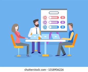 Working people vector, brainstorm at conference. Workers with laptops discussing business problems. Whiteboard with plan and explanation charts diagram