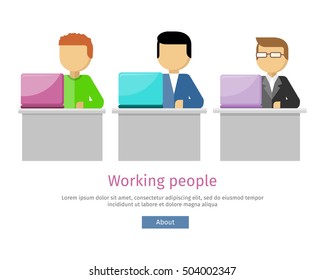 Working people web banner. Man work with laptop and analyze website in flat design style. Developing solution, software development or construction. Search of innovations. Vector illustration