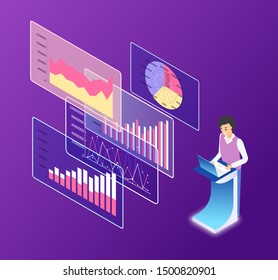 Working person with information vector, structures and diagrams with numeric info, data on board, flowcharts with timeline and colored parts segments 3d isometric