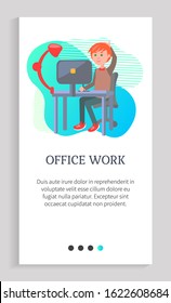 Working person office work vector, worker with tasks and assignments employee looking at screen of laptop, redhead man with pc sitting by table. Website slider app template, landing page flat style