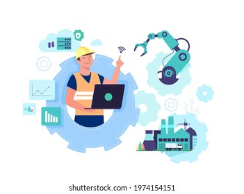 working person using wireless technology to control. For workflow With clever device. infographic of industry 4.0 concept. Vector illustration 