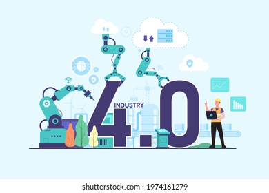 Working Person Using Wireless Technology To Control. For Workflow With Clever Device. Infographic Of Industry 4.0 Concept. Vector Illustration 