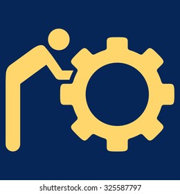 Working Person vector icon. Style is flat symbol, yellow color, rounded angles, blue background.