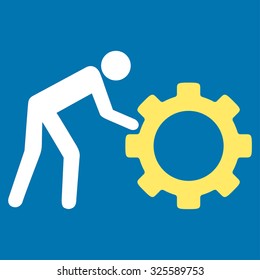 Working Person vector icon. Style is bicolor flat symbol, yellow and white colors, rounded angles, blue background.