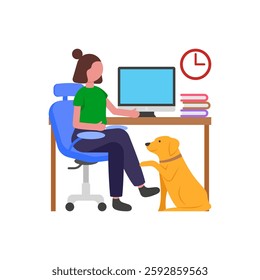 Working with a Pet Nearby, Flat Vector Illustration