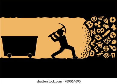 Working with pickax in mine tunnel. Concept of crypto currency mining. Flat figure cartoon.