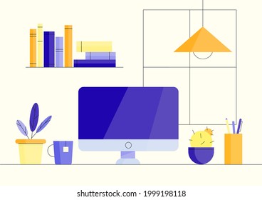 Working place. Cozy work space. Working from home at relaxed place,  work on computer at home, part time outsources, remote job. Suitable for web landing page, ui, mobile app, banner. Vector