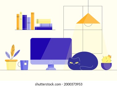 Working place. Cozy workspace with cat. Working from home, work on computer at home, part time outsources, remote job. Suitable for web landing page, ui, mobile app, banner. Vector illustration.