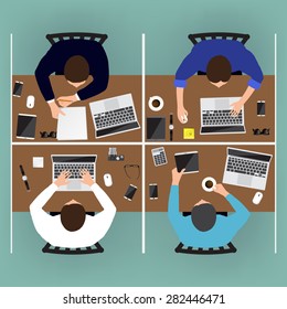 Working place of creative team in flat design. Vector illustration