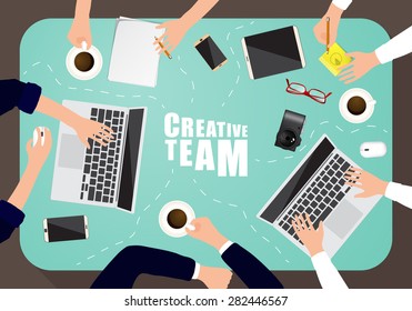 Working place of creative team in flat design. Vector illustration