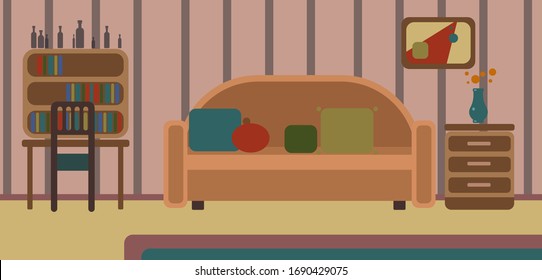 working place design interior. Vector working room with shelves. Living room home interior vector design. flat vector modern interior of the living room. Living room flat vector illustration.