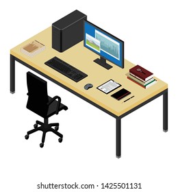 Working place desk and armchair. Computer, laptop, printer , graphic tablet, contract and notebook on the desk in the office. New employee, co-worker to the team