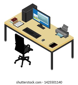 Working place desk and armchair. Computer, laptop, printer , graphic tablet, contract and notebook on the desk in the office. New employee, co-worker to the team