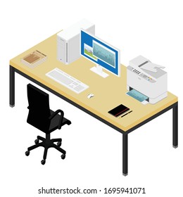 Working place desk and armchair. Computer, laptop, printer , graphic tablet, contract and notebook on the desk in the office. New employee, co-worker to the team