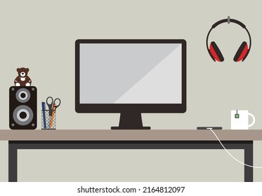 Escritorio y altavoz, ordenador, portátil, taza