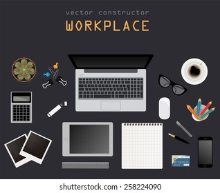 Working place in flat design. Constructor of your own work space. Vector illustration