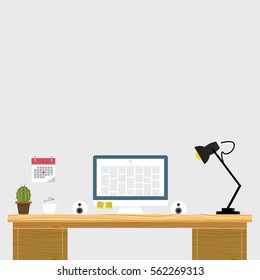 Working place in flat design. Constructor of your own work space. Creative office modern workplace. Vector illustration. Wooden texture. Mockup for web.