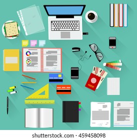 Working place in flat design with long shadow. Constructor with different tools for your own work space. Vector illustration