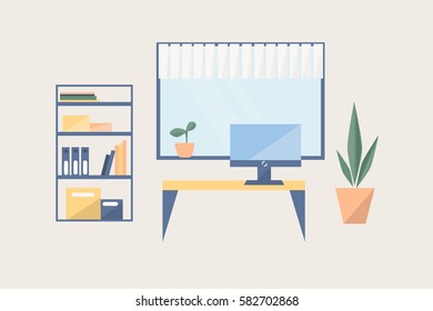 Working place in flat style. Room with table, flower in pot, window, shelf with books.
