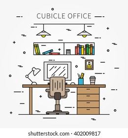 Working place with furniture and equipment (lamp, desktop, table, chair) line vector illustration. Ergonomic workplace creative concept. Minimalistic office interior graphic design.
