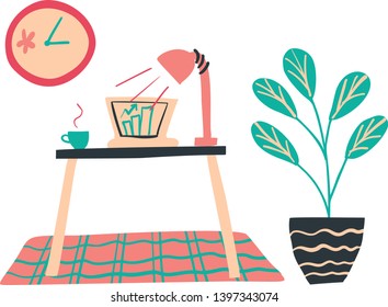 Working place hand drawn vector illustration isolated on a white background. Working desk with a laptop, showing upraising diagram, a lamp and a cup of coffee, a houseplant in a pot and a clock 