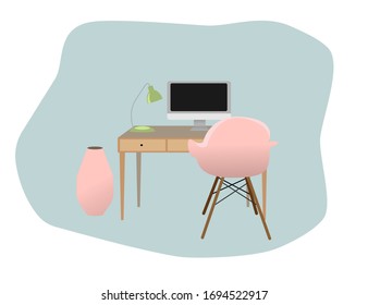 Working place at home. Home cabinet with table, computer and chair. Vector illustration with isolated objects.