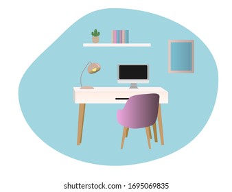Working place at home. Home cabinet with table, computer and chair. Vector illustration with isolated objects.