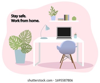 Working place at home. Home cabinet with table, computer and chair. Vector illustration with isolated objects.