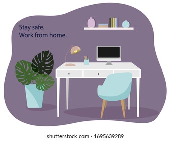 Working place at home. Home cabinet with table, computer and chair. Vector illustration with isolated objects.