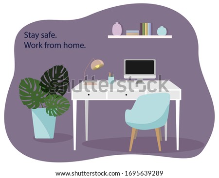 Working place at home. Home cabinet with table, computer and chair. Vector illustration with isolated objects.
