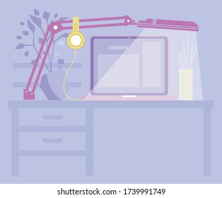 Working place illustration - computer table with notebook, headphones, plant and lamp. Vector flat graphics. Design element.