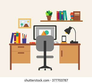 Working place interior with work table, chair, computer, book shelf, vector illustration