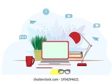 A working place with laptop, books, glasses, lamp and pencil, online education concept, freelance work concept