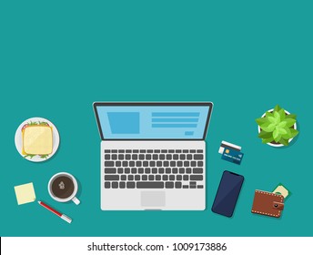 Working place with laptop, top view