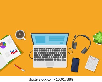 Working place with laptop, top view