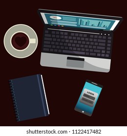 Working place with laptop, top view. Vector illustration