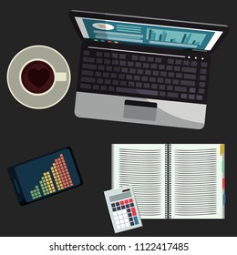 Working place with laptop, top view. Vector illustration