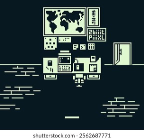 Working place, living room, pixel art background, retro style. 8-bit. Game assets. Vector illustration.
