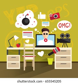 Working place modern man. A man records a video. Vector illustration in flat style