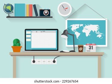 Working Place Modern Office Interior Flat Design Vector Illustration EPS10