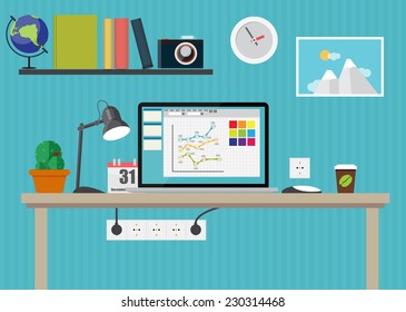 Working Place Modern Office Interior Flat Design Vector Illustration EPS10