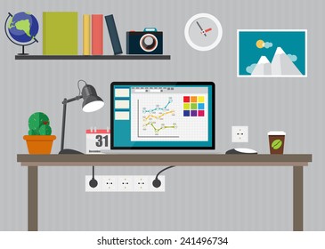 Working Place Modern Office Interior Flat Design Vector Illustration EPS10